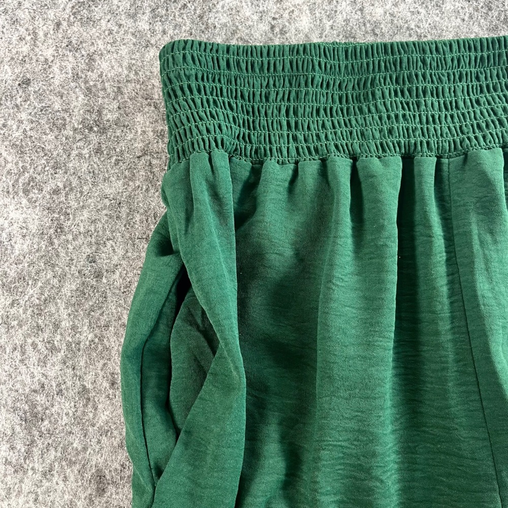 Wide Leg Pants Women L Green Smocked High Waist Palazzo Boho Flowy Office Casual - Picture 3 of 9